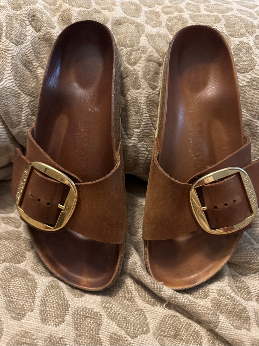 Birkenstock Madrid Brown Leather Slide Sandals with Big Gold Buckle size 39